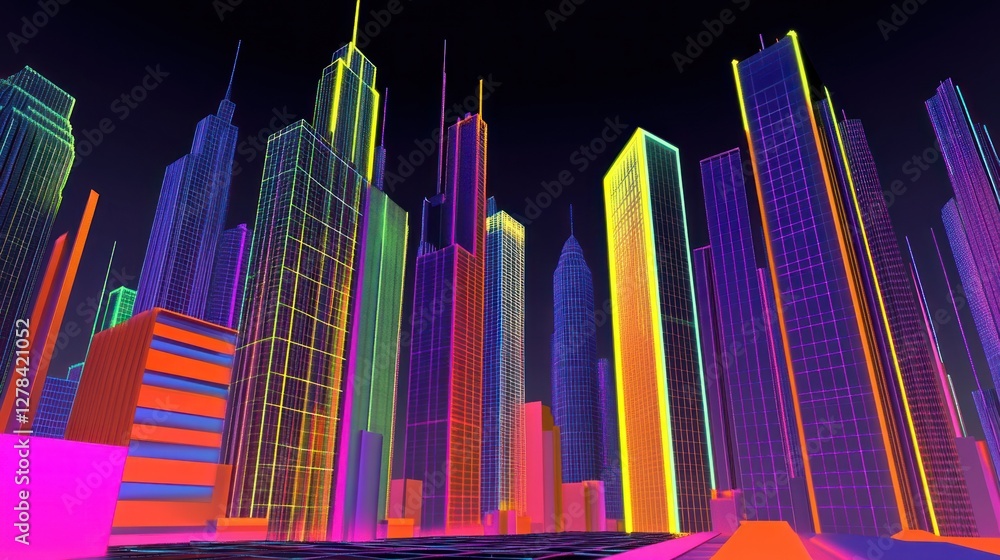 Obraz premium Neon cityscape at night, vibrant skyscrapers.
