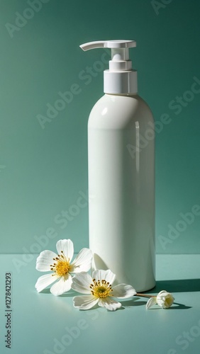 Dispenser with flowers on clean background