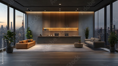 Wallpaper Mural Professional workspace reception with a contemporary design, comfortable seating area, and urban skyline backdrops Torontodigital.ca