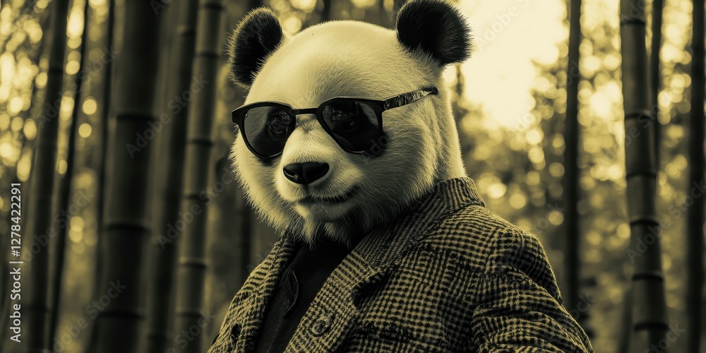 Front view - portrait of a charming panda, side view, bright contrast, black and white shades, fashionable sunglasses, bamboo forest background. Front view - portrait of a charming panda, side view, bright contrast, black and white shades, fashionable sunglasses, bamboo forest background.