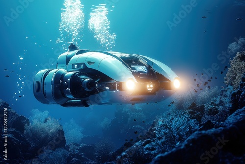 A futuristic submarine explores a vibrant coral reef, illuminating the depths with its bright lights, surrounded by an array of colorful fish in a clear blue ocean photo