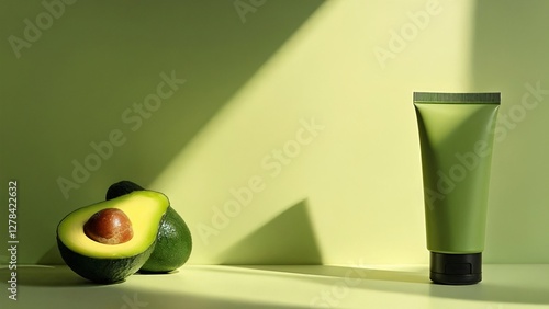 Tube with avocado on green background
