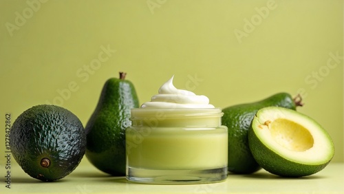 Cream jar with avocado on green background