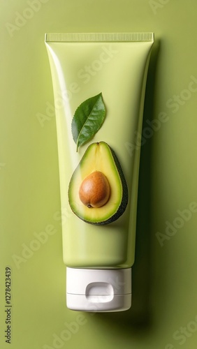Tube with avocado on green background