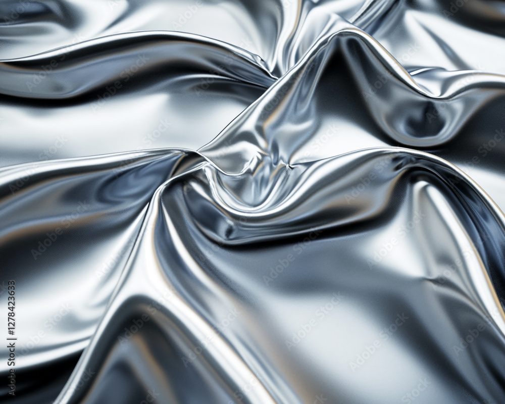 Fototapeta premium Close-up of crinkled metallic silver fabric with smooth, shiny, and reflective texture, representing sleek and modern design, elegance, and luxury.