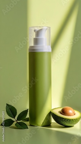 Dispenser with avocado on green background