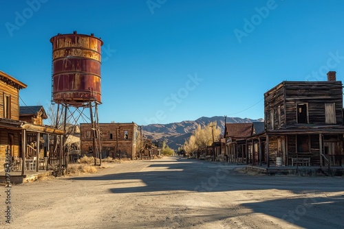 An atmospheric view of Bodie State Historic Park, a California ghost town with weathered buildings and old water tank against a clear blue sky and distant mountains.