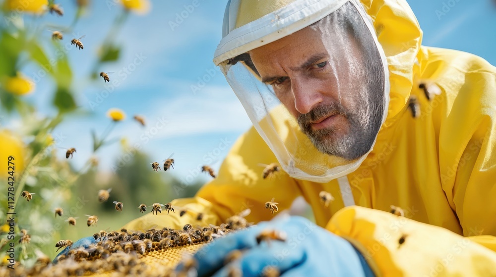Beekeeper in protective gear inspects vibrant bee comb under clear sky Beekeeper in protective gear inspects vibrant bee comb under clear sky