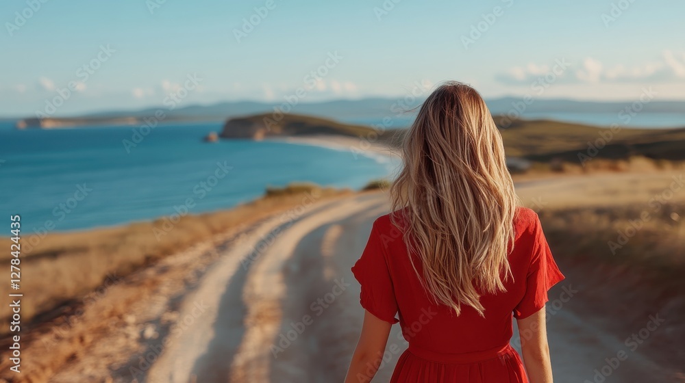 Girl in red dress enjoys a coastal drive in a convertible under blue skies Girl in red dress enjoys a coastal drive in a convertible under blue skies