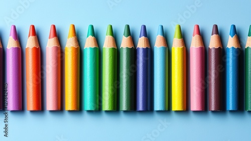 Colorful arrangement of pencils on a blue background, showcasing vibrant hues