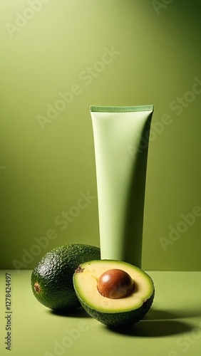 Tube with avocado on green background