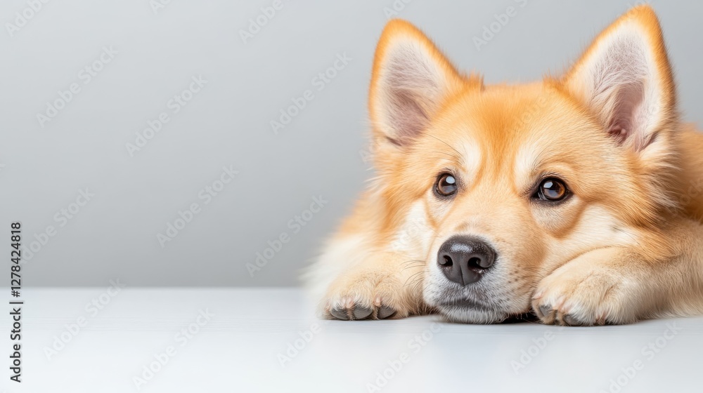 Graduate husky puppy dog proudly resting with a curious gaze on white backdrop Graduate husky puppy dog proudly resting with a curious gaze on white backdrop