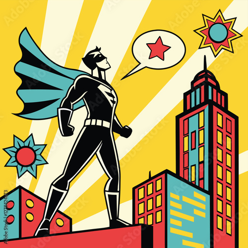 Superhero Comic Book Art: Retro Style Illustration of Hero on Building Top with Cape, Star, and Cityscape Background