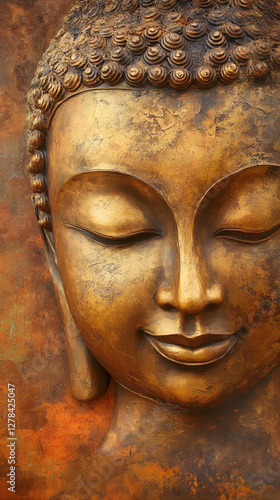 A golden Buddha face with closed eyes, smiling slightly
