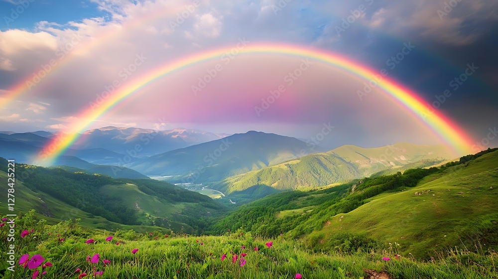 Obraz premium Double rainbow arching over lush green mountain valley with wildflowers.