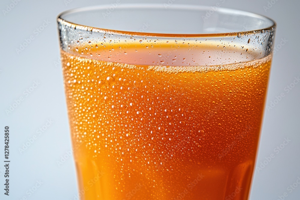 Close-up of condensation on a glass of refreshing orange drink, droplets showcasing the cold beverage against soft, plain, light blue background. Close-up of condensation on a glass of refreshing orange drink, droplets showcasing the cold beverage against soft, plain, light blue background.