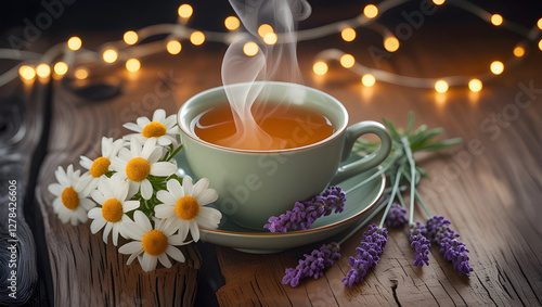 Herbal Tea with Chamomile and Lavender in Cozy Setting photo