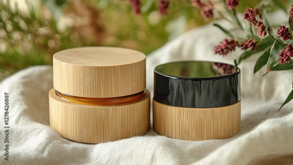 Two natural cosmetic jars placed on soft linen fabric, showcasing eco-friendly beauty products with a minimal and organic aesthetic. Two natural cosmetic jars placed on soft linen fabric, showcasing eco-friendly beauty products with a minimal and organic aesthetic.