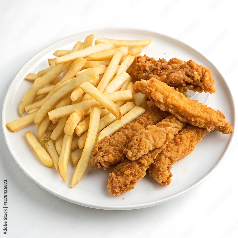 Crispy chicken strips with French fries in a white plate Isolated on white Background Crispy chicken strips with French fries in a white plate Isolated on white Background