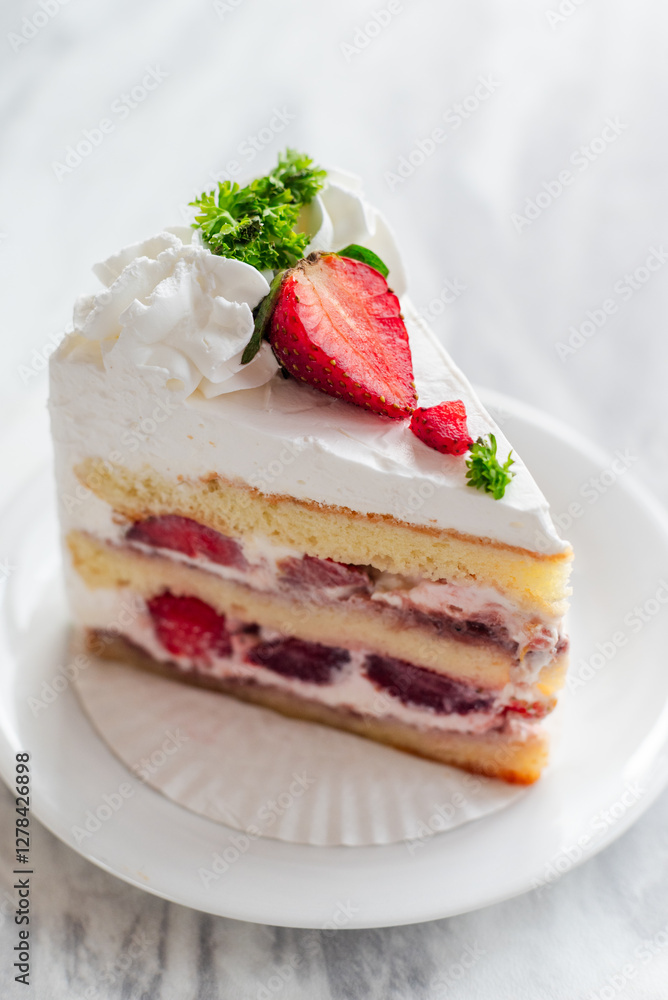 Close-up of a slice of strawberry shortcake with layers of sponge cake, whipped cream, and fresh strawberries, garnished with whipped topping, parsley, and sliced strawberries on a white plate Close-up of a slice of strawberry shortcake with layers of sponge cake, whipped cream, and fresh strawberries, garnished with whipped topping, parsley, and sliced strawberries on a white plate