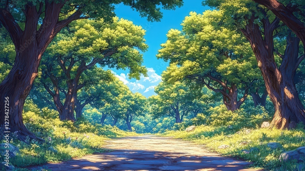 Sunny path through lush green forest, idyllic scene, nature background, game asset Sunny path through lush green forest, idyllic scene, nature background, game asset