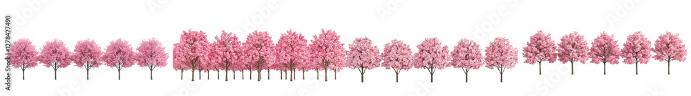 Fototapeta premium Rows of Blooming Pink Cherry Blossom Trees Lining a Peaceful Park or Garden in a Scenic Spring Landscape Floral Botanical Background with Lush Foliage and Vibrant Seasonal Colors