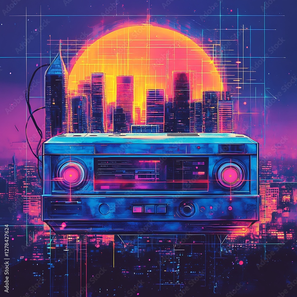 Fototapeta premium Retro City Radio, Cyberpunk Sunset