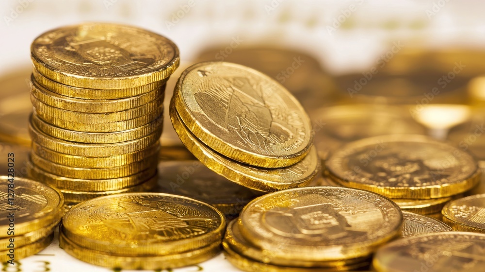 Gold coins stacked, financial success, close-up Gold coins stacked, financial success, close-up