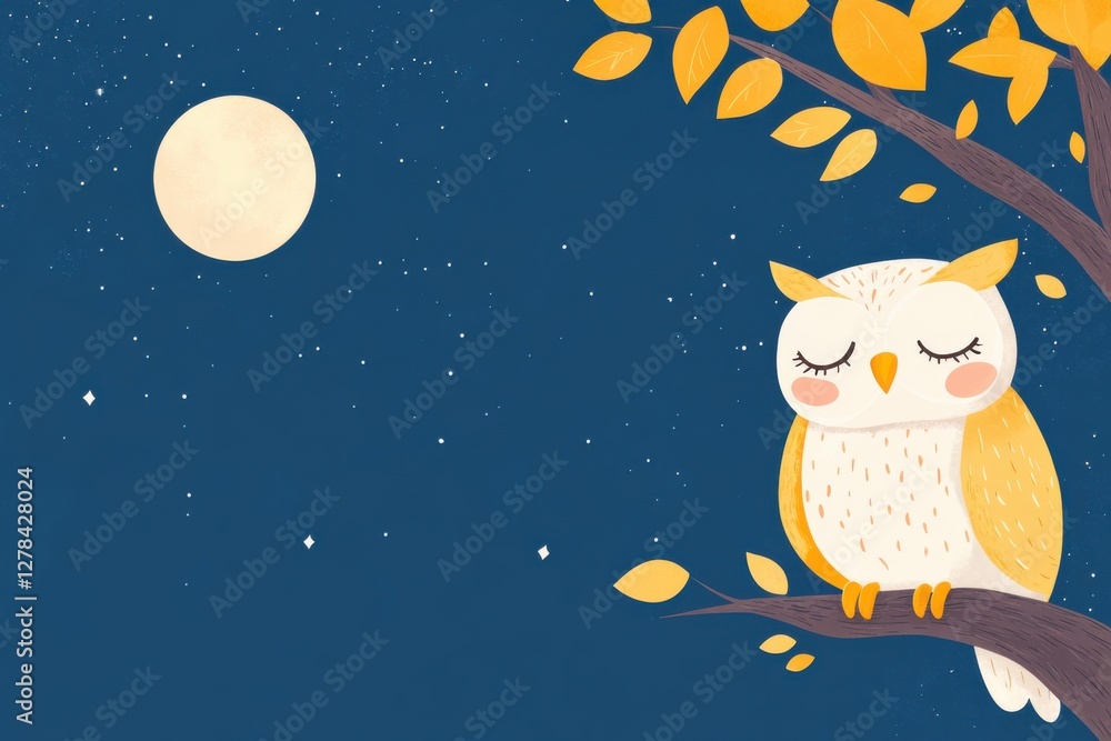 Fototapeta premium Exhausted owl resting in a moonlit tree under the stars