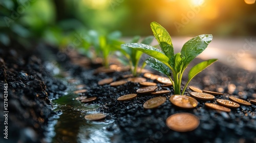 Growth of Plants with Coins on Soil in Natural Light Environment