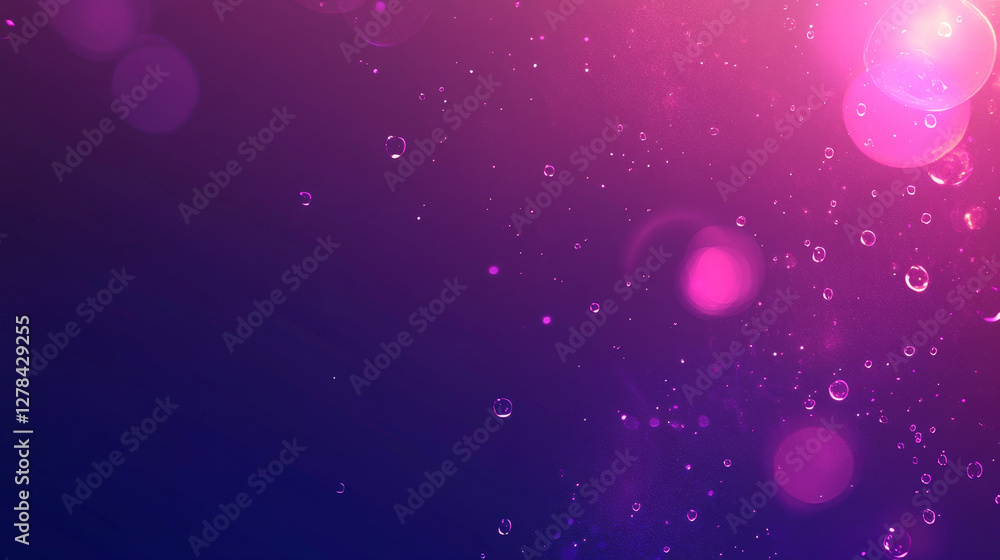 Obraz premium Pure clear water drops with reflection of neon pink light. Banner template with transparent dew, raindrops on purple background and copy space, vector realistic illustration