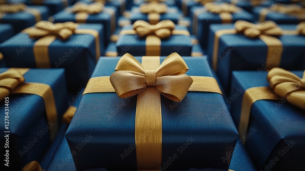 Fototapeta premium Gold-bowed blue gifts, rows, celebration, background, holiday