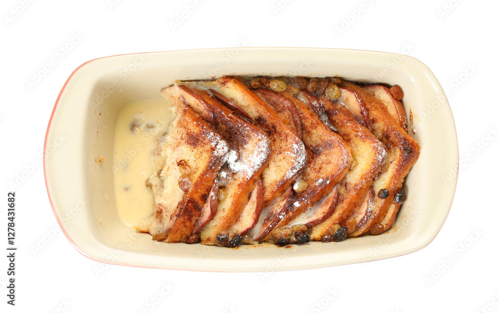 Freshly baked bread pudding in baking dish isolated on white, top view Freshly baked bread pudding in baking dish isolated on white, top view