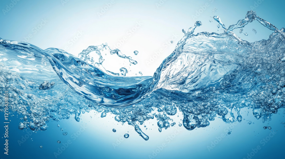 Water streams set, isolated flow motion of pure liquid. Hydration elements on blue background. Dynamic flowing transparent pouring aqua jet, drink, waterfall or river spate Realistic 3d vector clipart