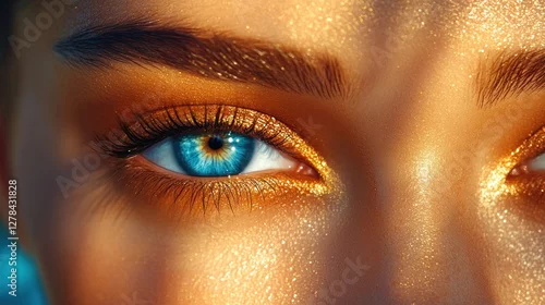 Naklejka Golden-lit blue eyes, sunlit skin, beach backdrop, beauty ad