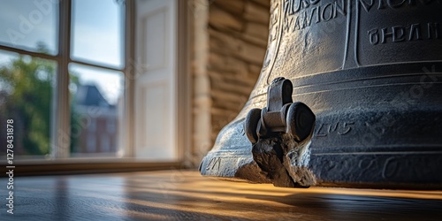 Liberty bell showing crack and clapper in museum setting photo