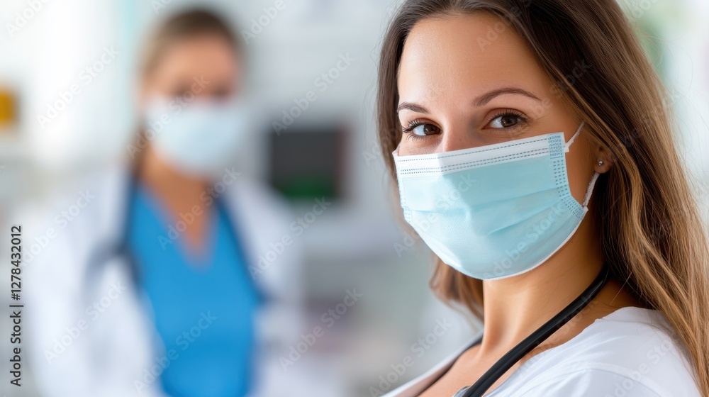 Pregnant woman discussing health with doctor in clinic during pandemic Pregnant woman discussing health with doctor in clinic during pandemic