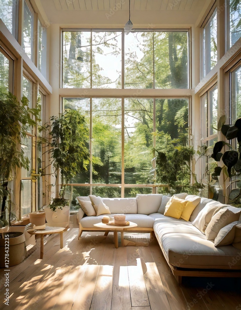 Fototapeta premium A bright and airy minimalist sunroom with floor-to-ceiling windows and neutral furnishings