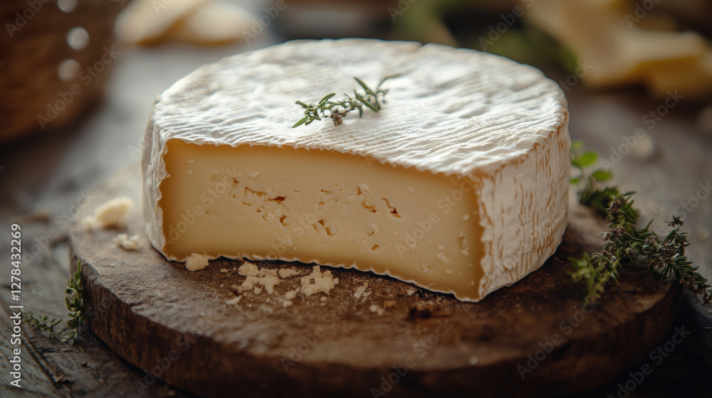 AwheelofCamembertcheeseonawoodenboard,garnishedwiththyme. AwheelofCamembertcheeseonawoodenboard,garnishedwiththyme.