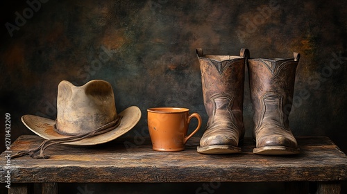 Rustic cowboy boots, hat, mug. Western still life