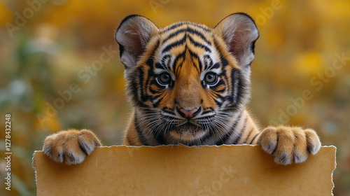 In a serene autumn setting, a young tiger cub curiously looks over a piece of cardboard. Its striking stripes and blue eyes shine amid the warm golden foliage, exuding playfulness and charm