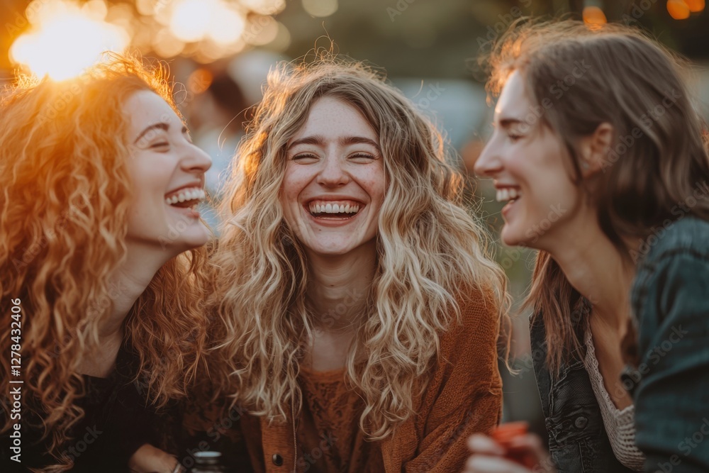 Obraz premium Three young women sharing a joyful moment filled with laughter and camaraderie, bathed in the warm golden light of sunset, creating a cheerful and uplifting atmosphere outdoors.
