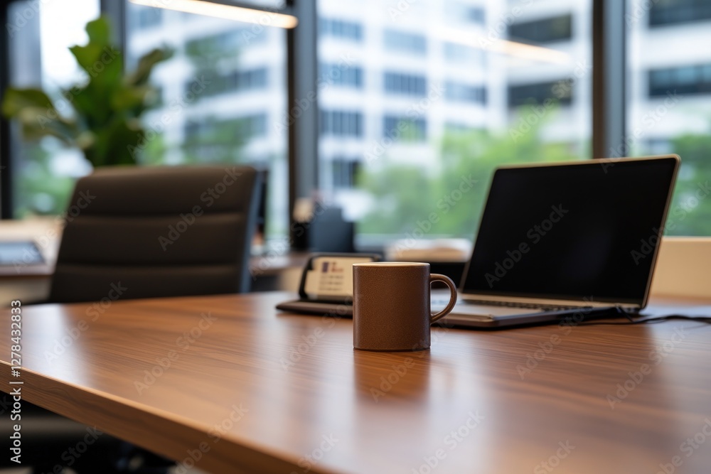 Modern office desk, laptop, coffee mug, city view, workday Modern office desk, laptop, coffee mug, city view, workday