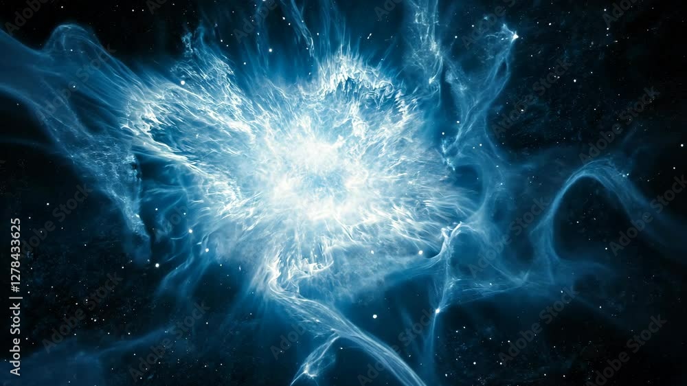 Celestial explosion in deep space illuminates the dark void with vibrant blue energy waves Celestial explosion in deep space illuminates the dark void with vibrant blue energy waves