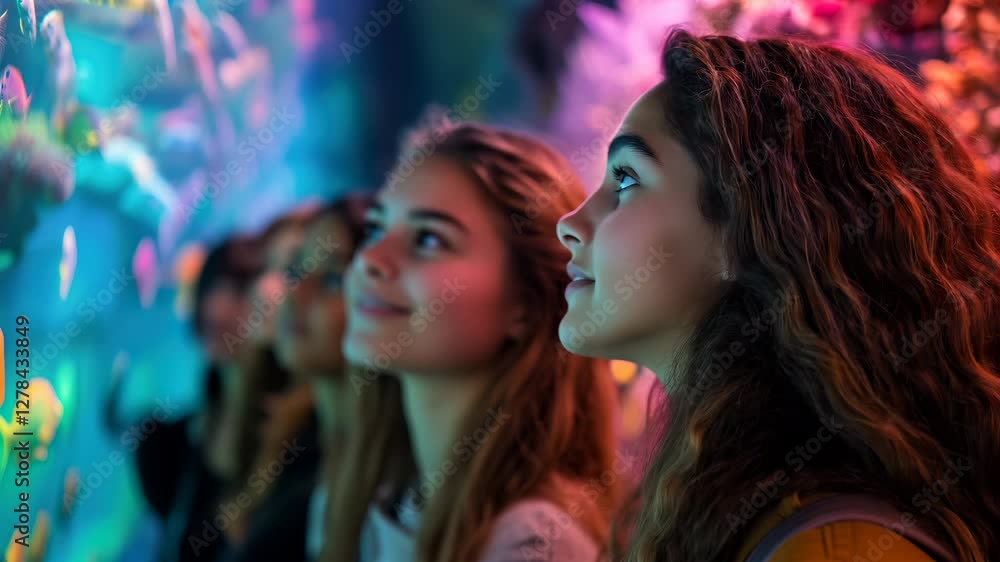 Explore the wonders of marine life with friends at a vibrant aquarium exhibit Explore the wonders of marine life with friends at a vibrant aquarium exhibit