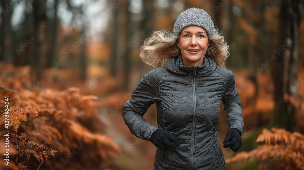 A woman enjoys her morning jog through a beautiful autumn forest. The warm glow of orange foliage surrounds her, enhancing her cheerful expression as she embraces the cool breeze A woman enjoys her morning jog through a beautiful autumn forest. The warm glow of orange foliage surrounds her, enhancing her cheerful expression as she embraces the cool breeze
