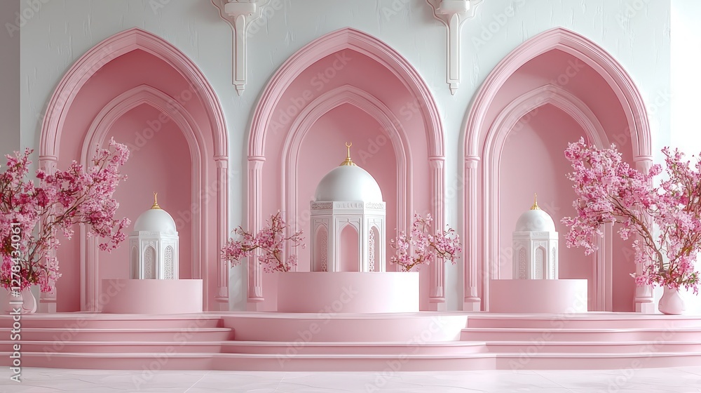 Naklejka premium Elegant pink architectural design with domes and cherry blossom trees