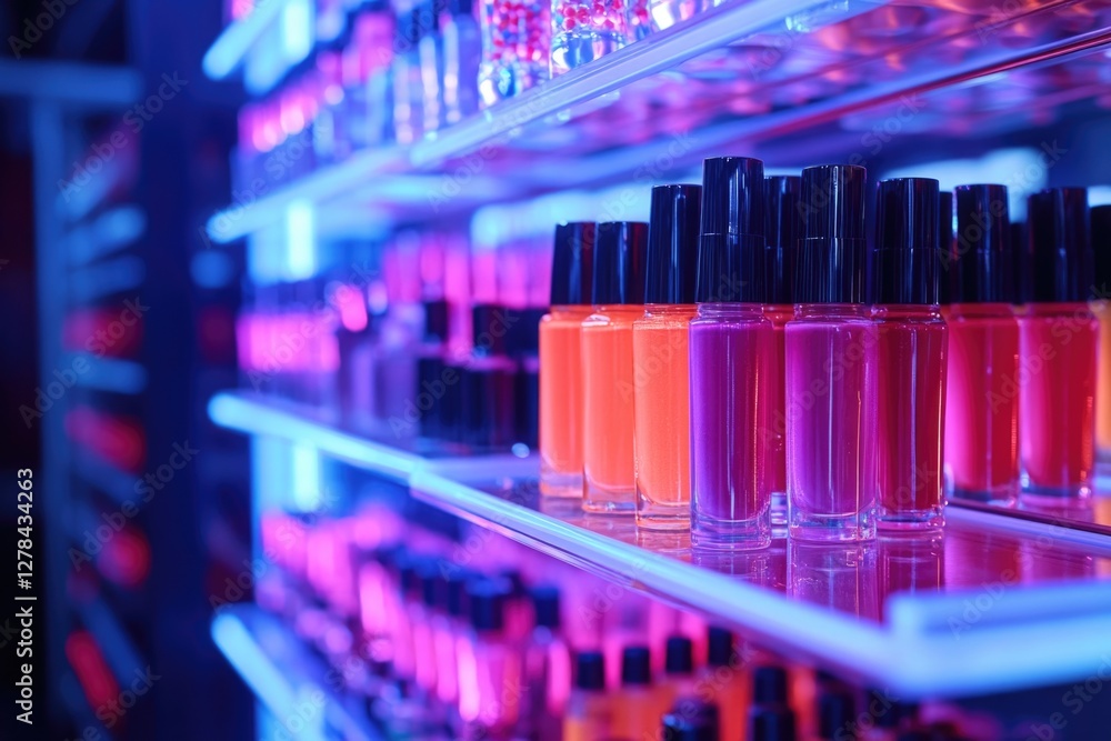 Row of colorful nail polish bottles on a shelf, ideal for beauty or lifestyle themes Row of colorful nail polish bottles on a shelf, ideal for beauty or lifestyle themes
