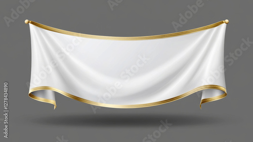 White horizontal pennant mockup, Empty medieval flag vector banner. Realistic blank team textile sign. Hanging bunting standard mock up. Isolated 3d badge on transparent background with gold border.