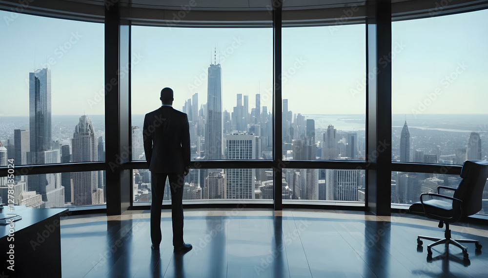 A businessman in an executive office gazes at the city skyline, symbolizing ambition, leadership, and success. A businessman in an executive office gazes at the city skyline, symbolizing ambition, leadership, and success.